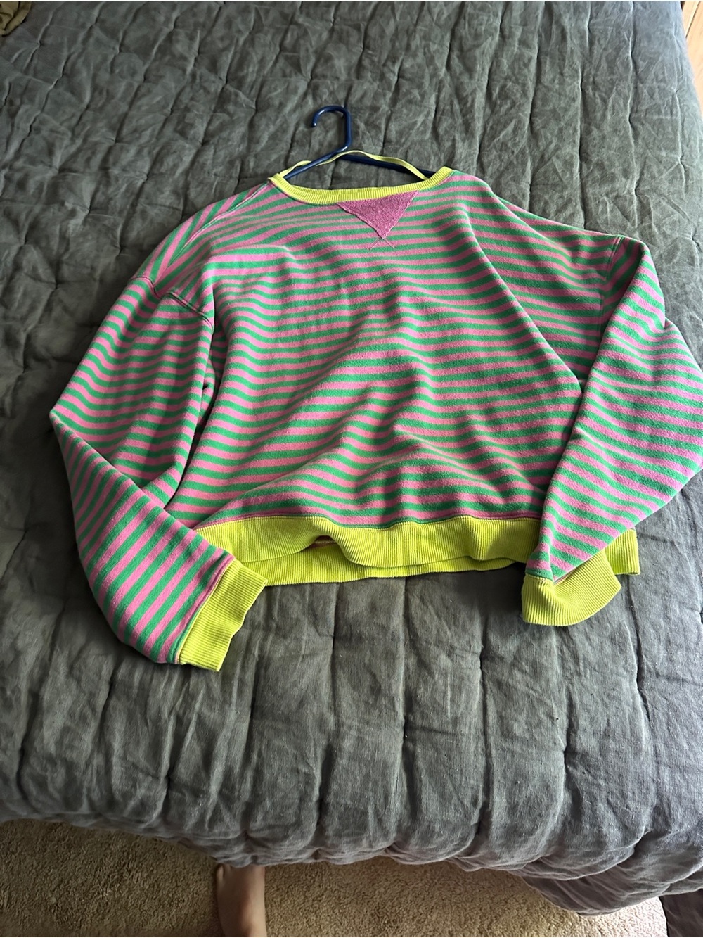 We The Free Neon Yellow-Trim Pink & Green Striped oversized Crewneck